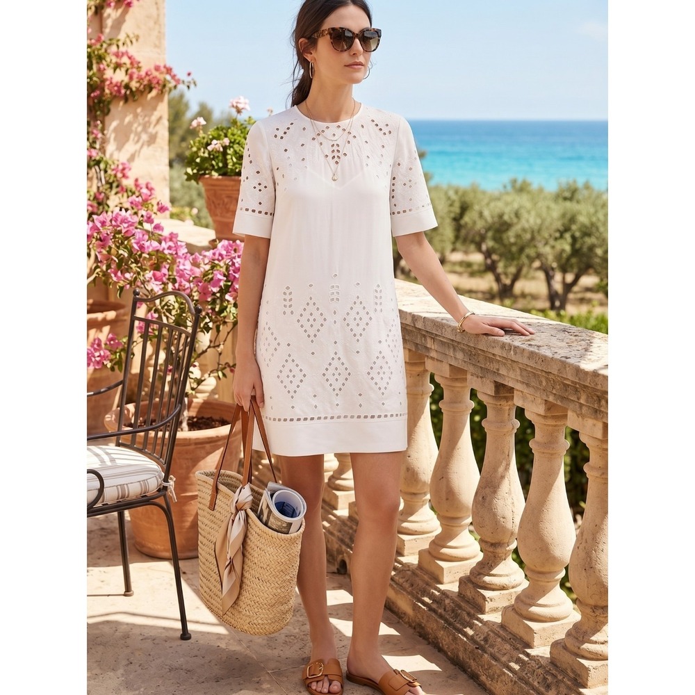 Theory Idetteah Eyelet Embroidered Shift Dress Ivory White NWT Size 4 $395